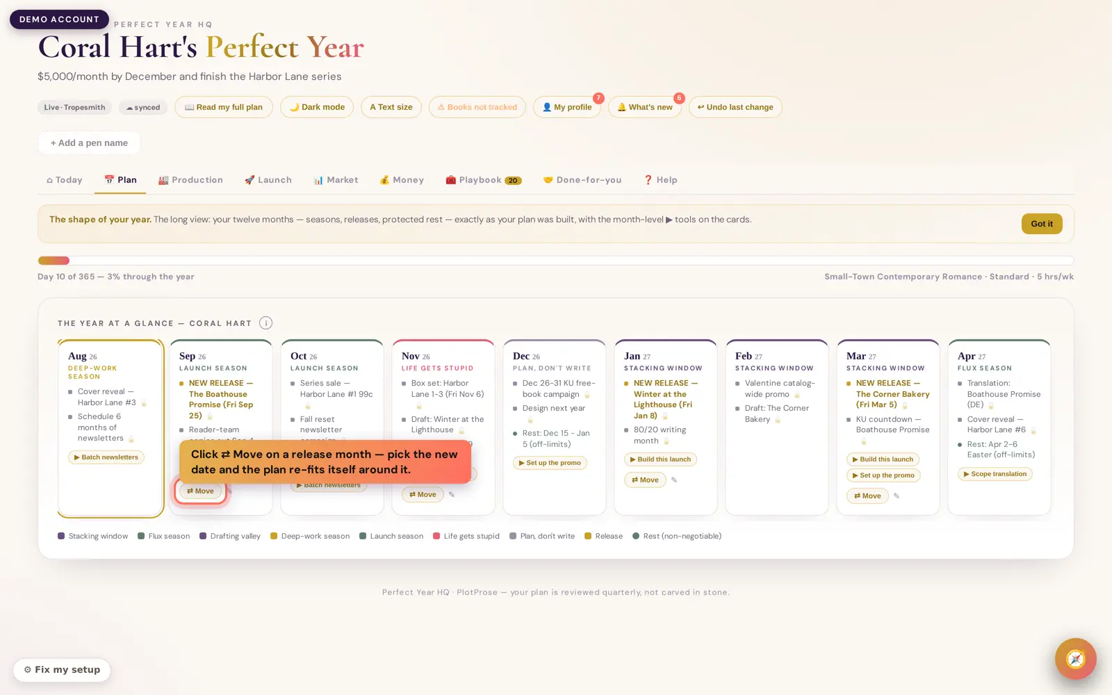 The Plan calendar — every release month has its ⇄ Move control