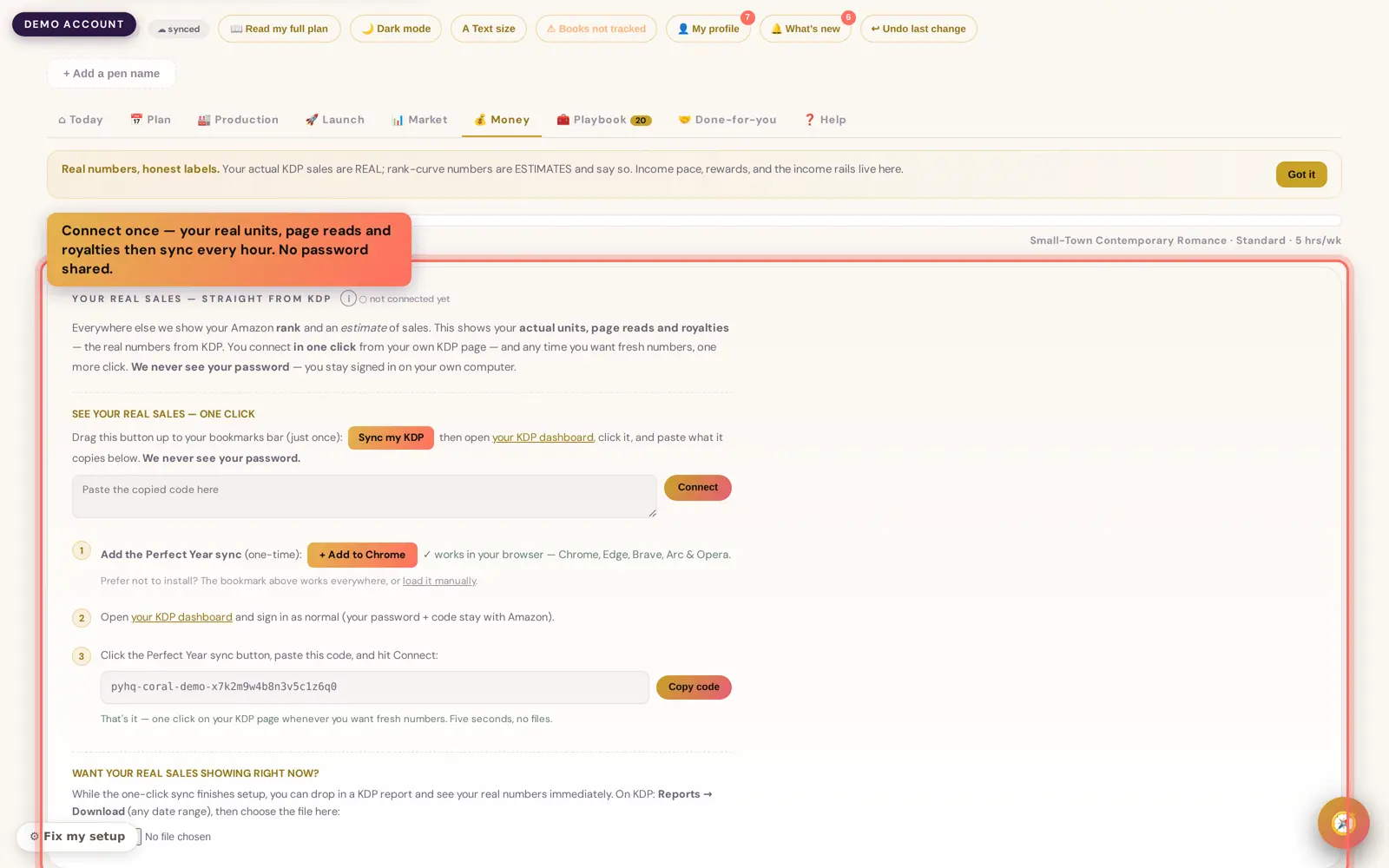 The Money tab — connect once and hourly sync takes over
