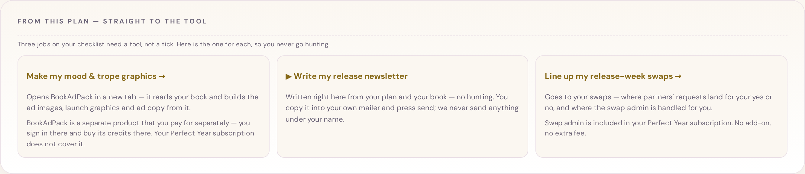 From this plan straight to the tool: mood and trope graphics, release newsletter, swap lineup