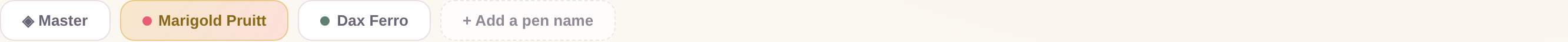 Pen switcher: Master view plus every individual pen name, one tap apart