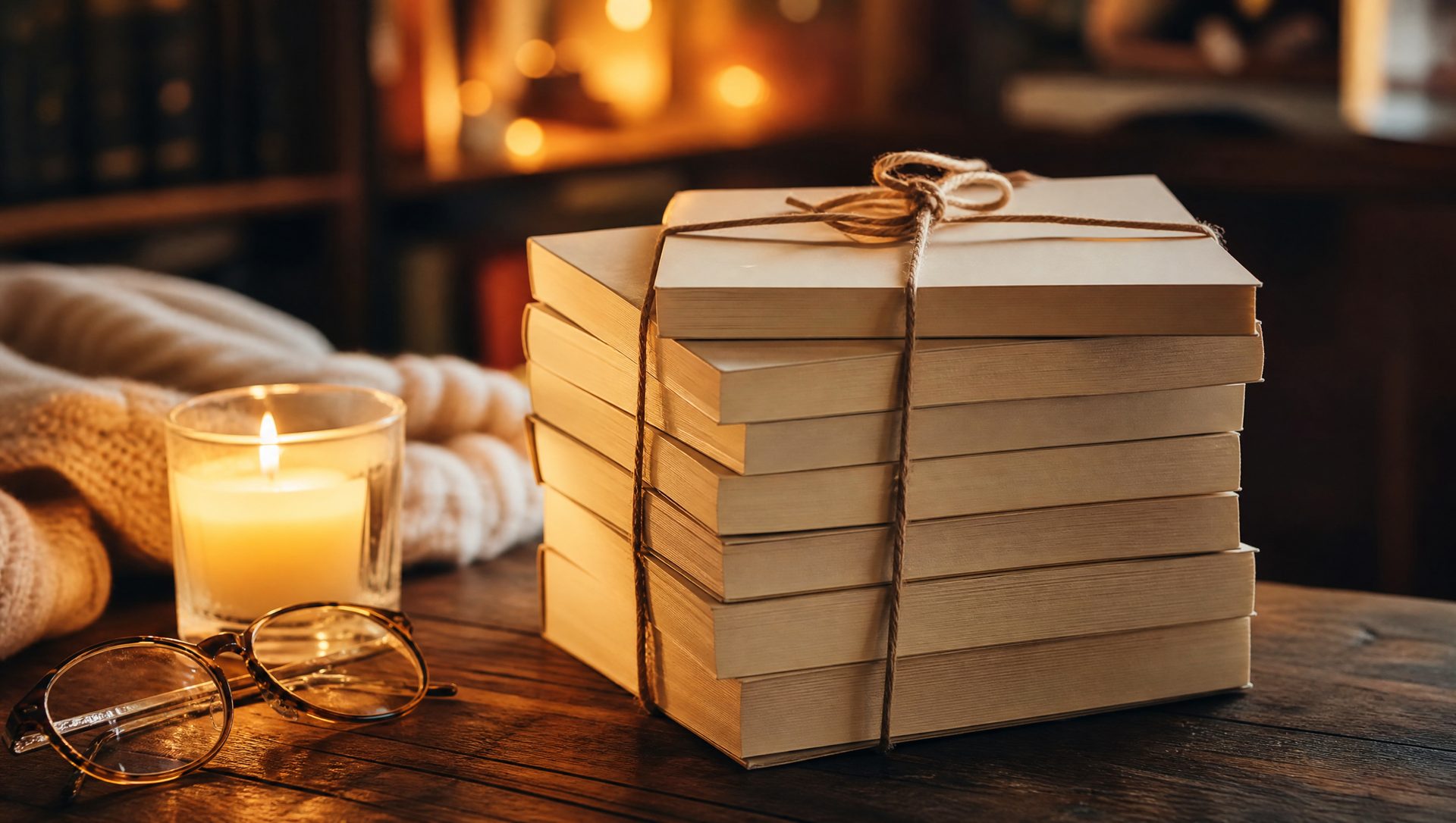 Low-angle shot of a neat stack of finished paperback books tied with string, beside a lit candle and reading glasses on warm wood