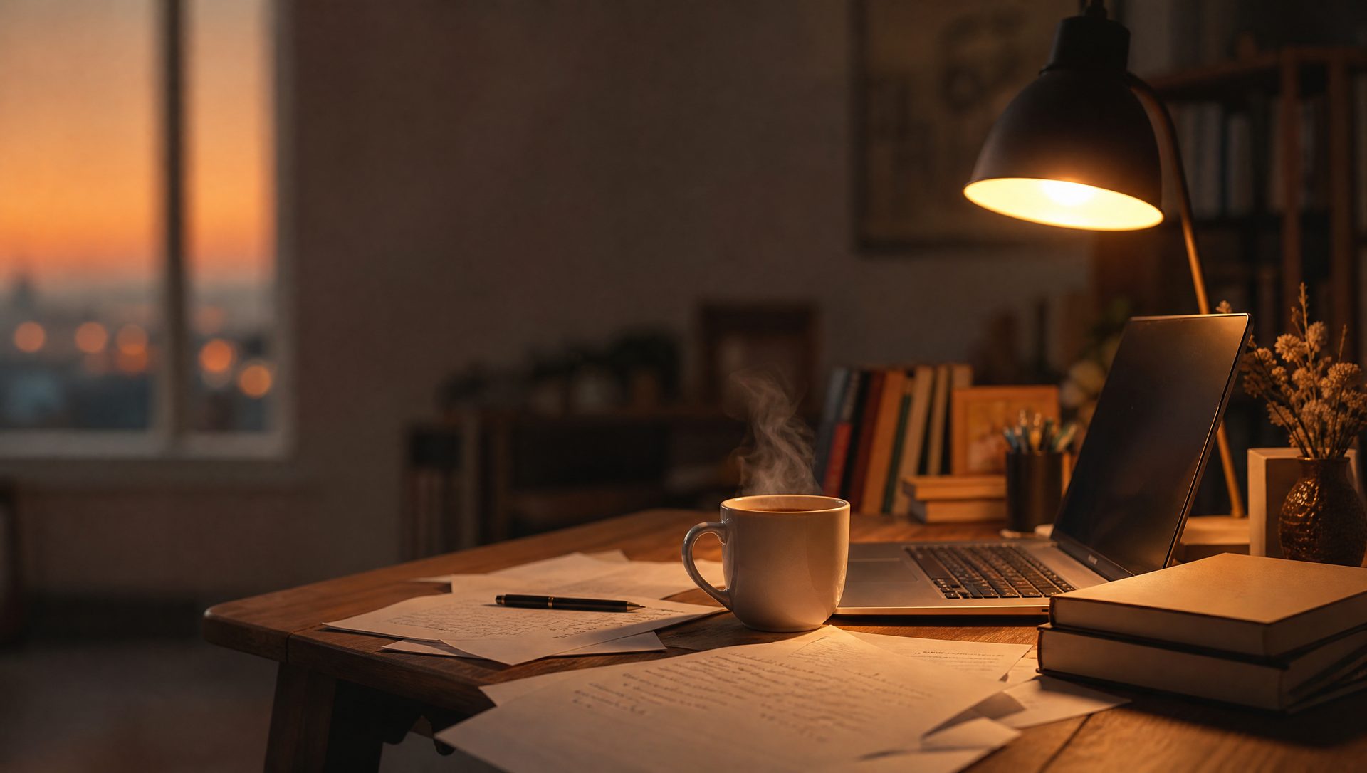 A lamp-lit writer’s desk at dusk with manuscript pages, a steaming mug, laptop glow and a small stack of paperbacks