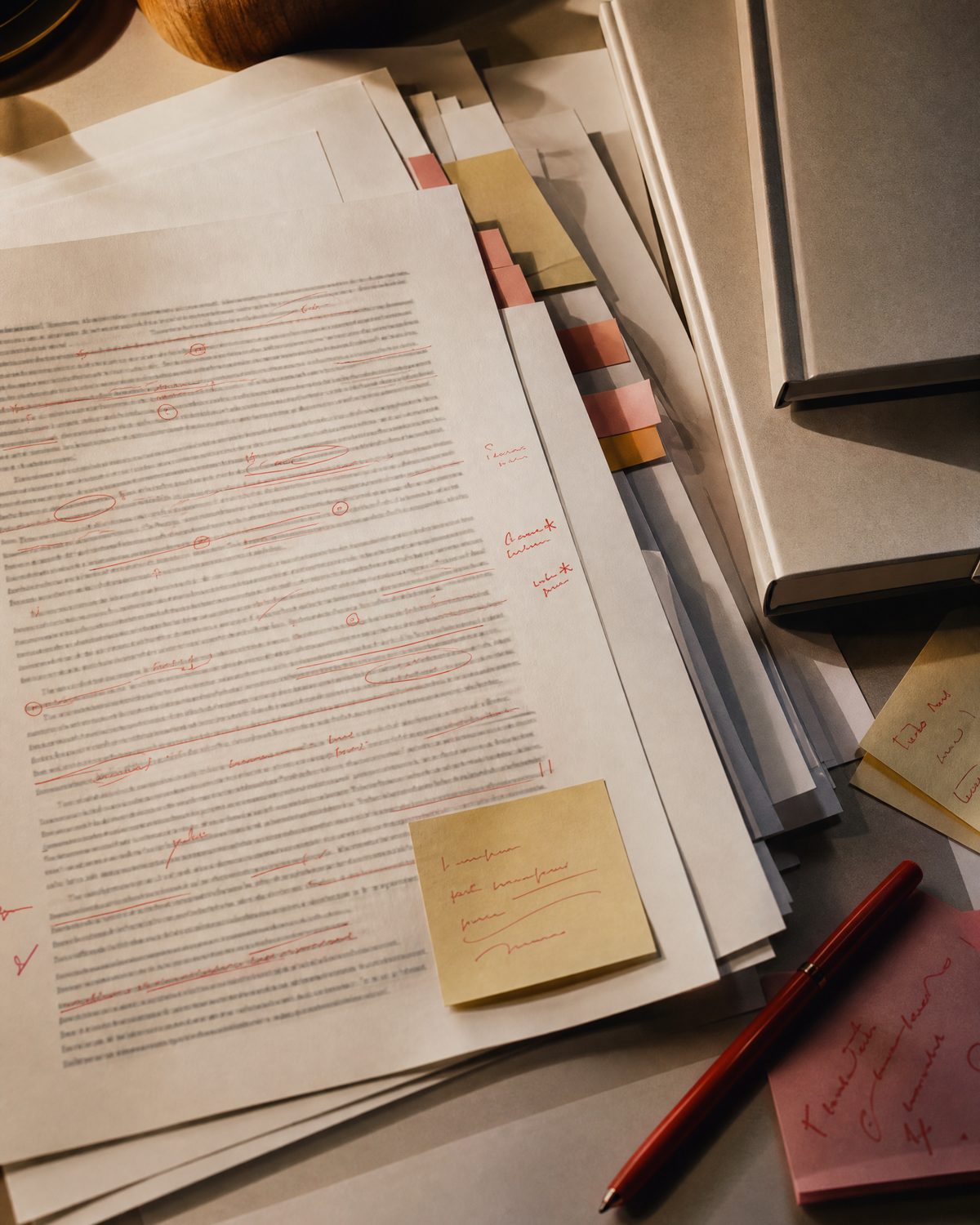 Overhead flat-lay of a manuscript with red-pen edits and sticky notes, beside blank book-cover proofs on a light table