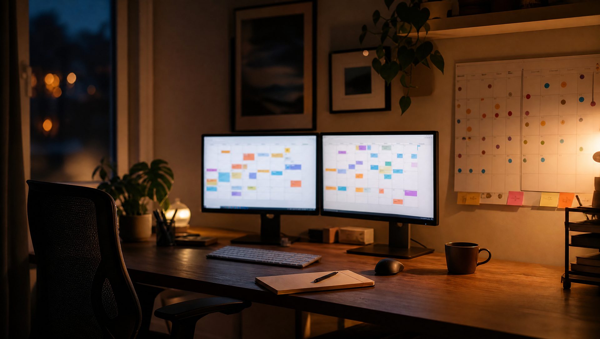 A softly lit desk with two monitors showing blurred calendar-grid layouts and a colour-dot wall calendar, evening ambience