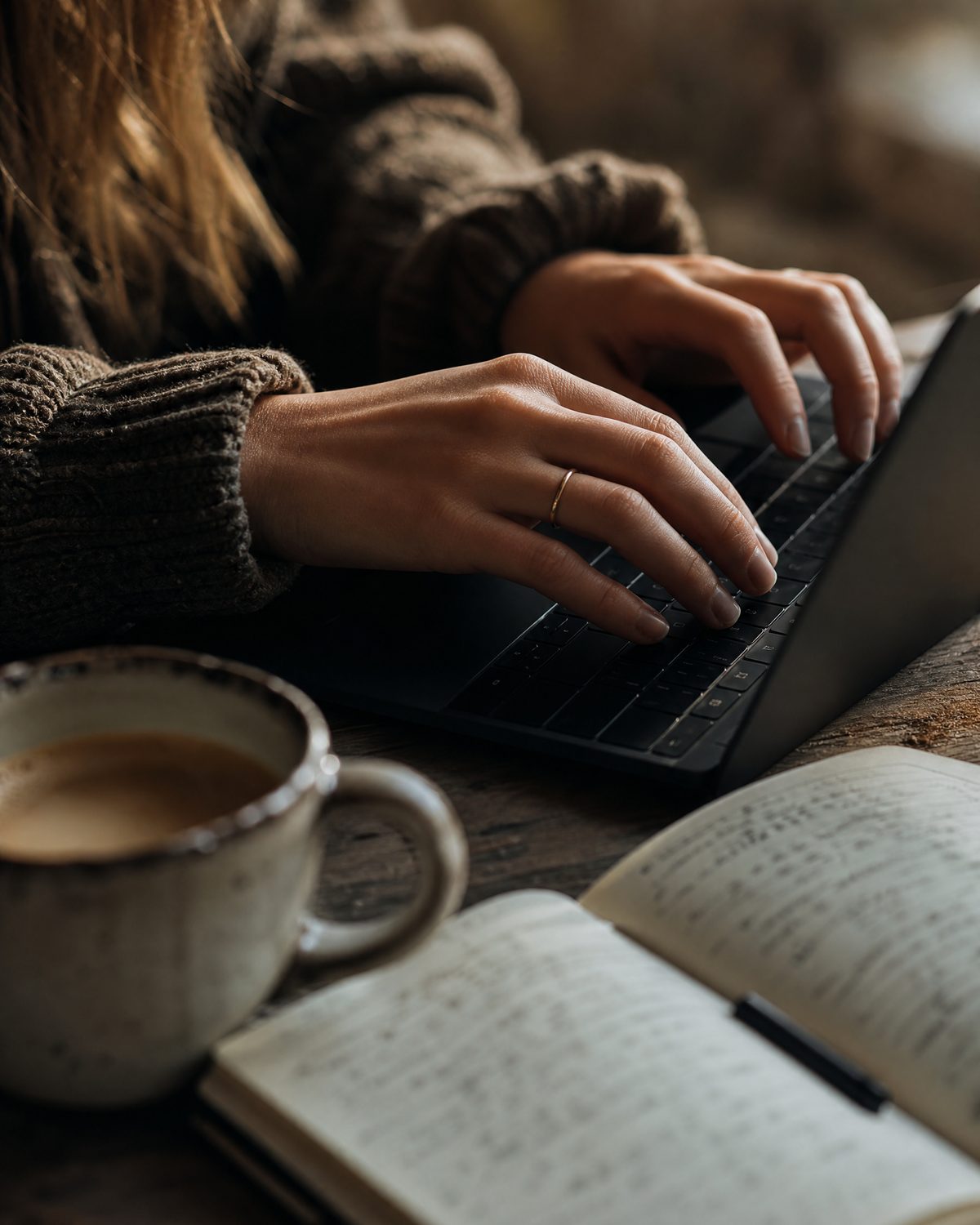 Close-up of hands typing on a laptop keyboard beside a coffee cup and a handwritten notebook, in early window light