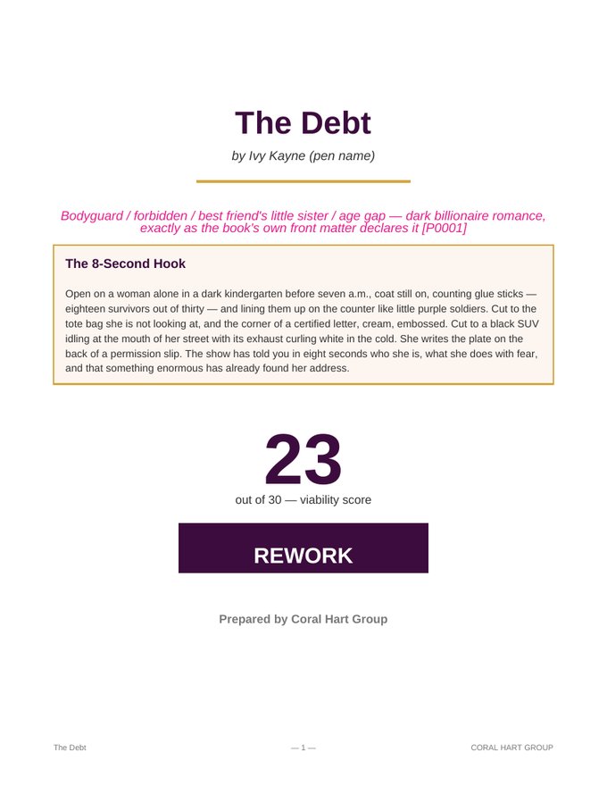 Cover spread of The Debt’s real pitch deck: title, premise, 8-second hook and a 23/30 REWORK verdict