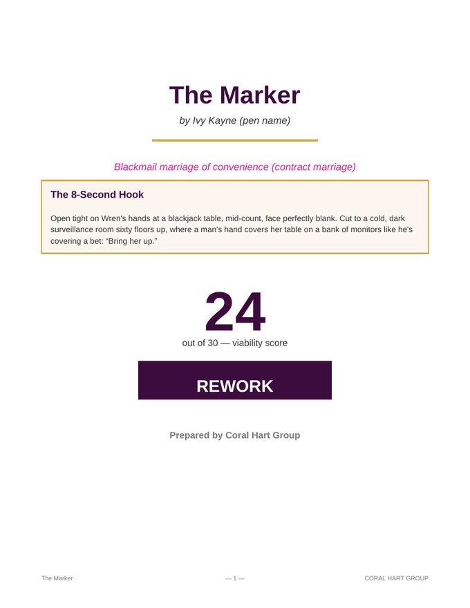 Cover spread of The Marker’s real pitch deck: title, premise, 8-second hook and a 24/30 REWORK verdict