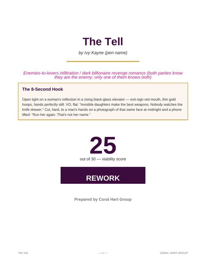 Cover spread of The Tell’s real pitch deck: title, premise, 8-second hook and a 25/30 REWORK verdict