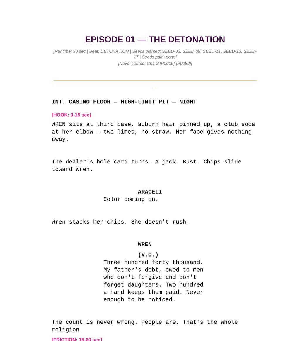 Page one of the real EP01 script for The Marker, screenplay-formatted with scene heading, action lines and dialogue
